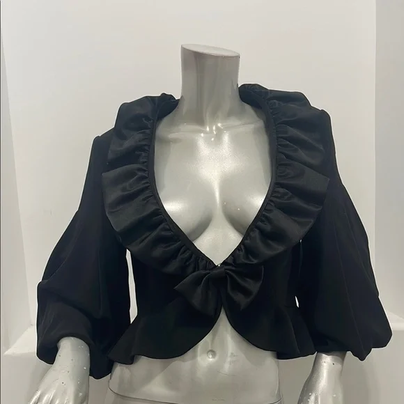 Musani Couture Black Ruffled Bow Front Peplum Satin Blouse Top EUR 42 Evening - Picture 1 of 12